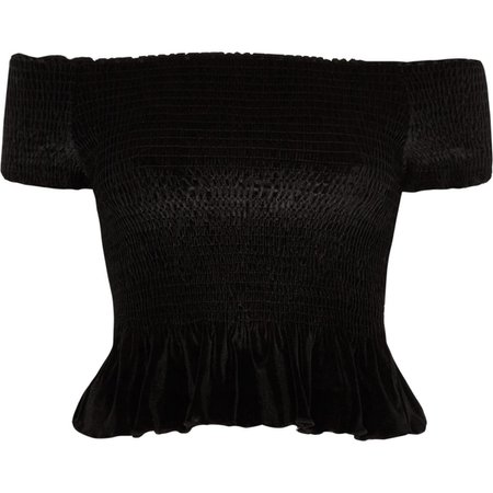 Black velvet shirred bardot crop top - Bardot / Cold Shoulder Tops - Tops - women