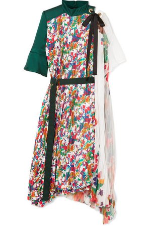 Sacai | Draped pleated floral-print satin and chiffon midi dress | NET-A-PORTER.COM