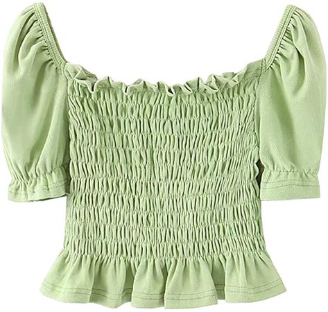 R.Vivimos Women's Summer Knit Shirred Short Sleeve Ruffle Blouse Crop Top (Medium, Green) at Amazon Women’s Clothing store