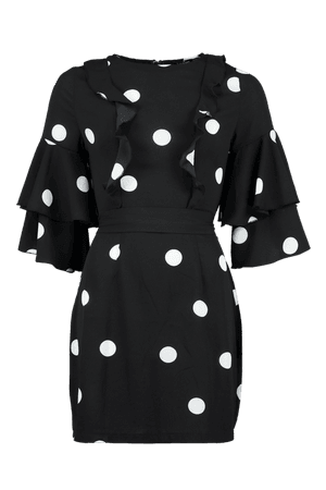 Ruffle Sleeve Tie Waist Spot Skater Dress | Boohoo UK