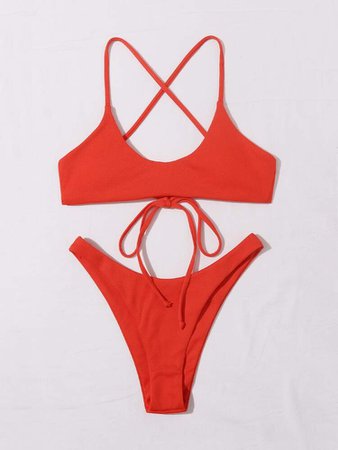 Solid Knot Back High Cut Bikini Swimsuit | SHEIN USA