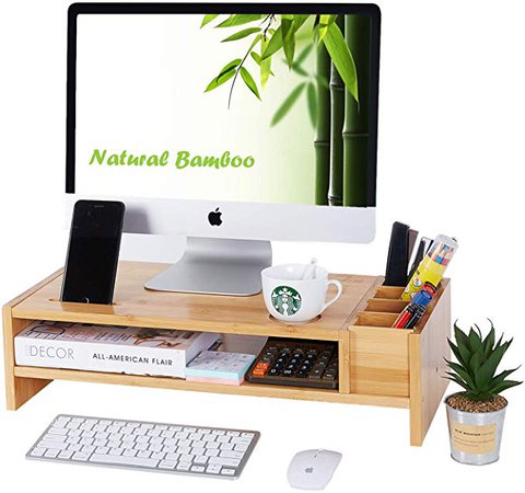 Amazon.com : 2-Tier Bamboo Monitor Stand | Wood Desk Organizers and Accessories | Laptop Computer Monitor Riser with Adjustable Storage Accessories : Office Products