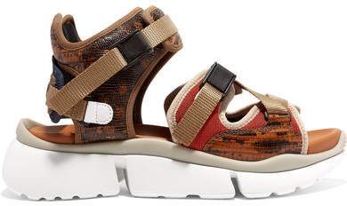 Sonnie Canvas, Mesh And Snake-effect Leather Sandals - Tan