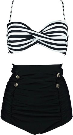 Amazon.com: COCOSHIP Black & White Stripe High Waisted Bikini Buttons Vintage Bathing Suit Ruched Swimwear S(FBA): Clothing