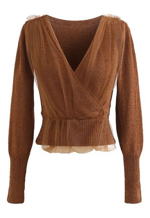 Mesh Overlay Long Sleeve Wrap Crop Knit Top in Caramel - Retro, Indie and Unique Fashion