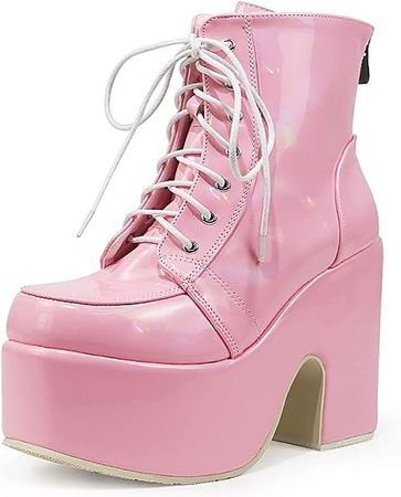 Amazon.com | Erocalli Platform Boots Goth Boots for Women Pink Chunky Heeled Combat Boots Buckle Knight Punk Gothic Boots Lace Up Round Toe Ankle Booties | Snow Boots