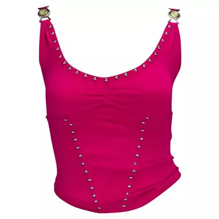 S/S 2004 Versace by Donatella Pink Studded Medusa Backless Strap Tank Y2K For Sale at 1stDibs