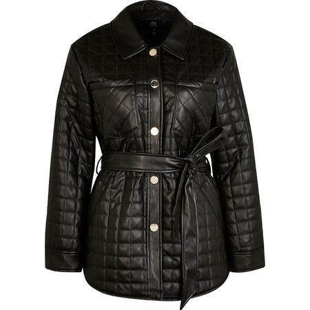 Black faux leather quilted shacket | River Island