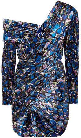 One-shoulder Printed Stretch-velvet Mini Dress - Blue