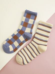 2pairs Striped & Plaid Pattern Socks | ROMWE USA