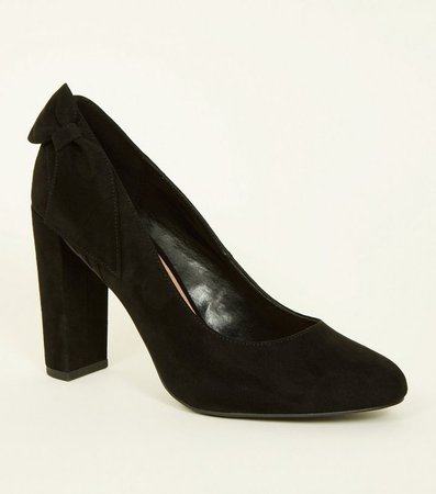 Black Suedette Bow Back Block Heel Courts | New Look