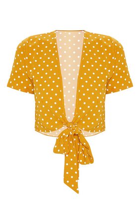 Mustard Polka Dot Chiffon Tie Front Front Blouse | PrettyLittleThing