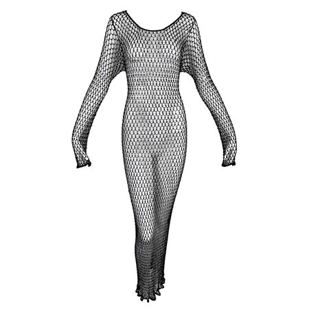 NWT S/S 1999 Yves Saint Laurent Sheer Beaded Fishnet Knit Long Dress Gown For Sale at 1stDibs