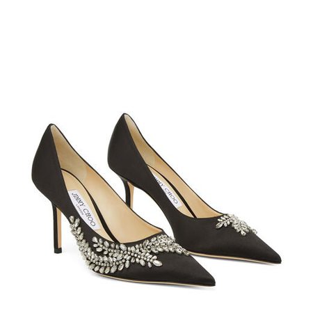 Love 85 Black Satin Pumps with Crystal Embroidery
