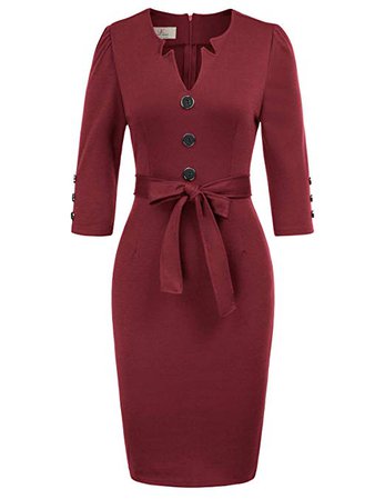 GRACE KARIN Women Retro 3/4 Sleeve Work Office Pencil Dress with Belt M Wine Red at Amazon Women’s Clothing store