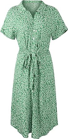 Angashion Women Dresses Casual Short Sleeves Floral Print Button Down V Neck Summer Boho Midi Dress at Amazon Women’s Clothing store