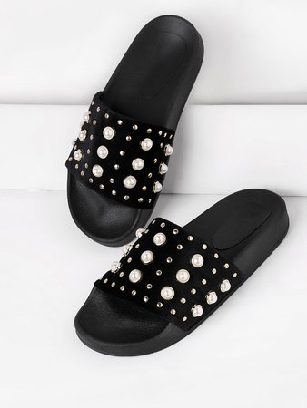 Faux Pearl Embellished Slip On Sandals