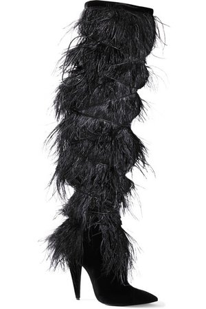 Saint Laurent | Yeti feather-trimmed suede over-the-knee boots | NET-A-PORTER.COM