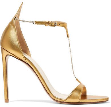 Chain-embellished Metallic Leather Sandals - Gold