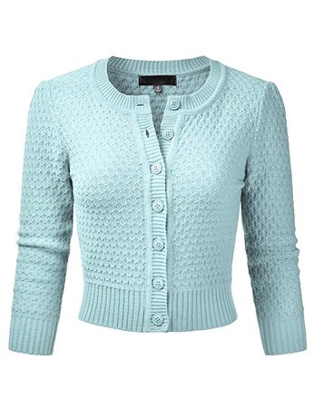 EIMIN Women's Crewneck Button Down 3/4 Sleeve Knit Crop Cardigan Sweater LIGHTBLUE S at Amazon Women’s Clothing store