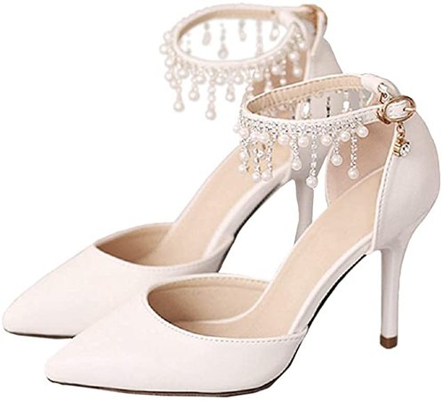 Amazon.com | Pointed Toe Pumps High Heel Ankle Strap Dress Shoes Wedding Party Pump with Pearl 3.54” | Pumps