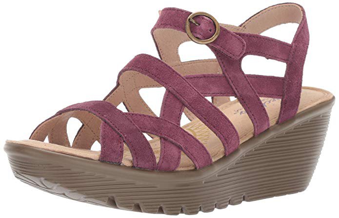 Amazon.com | Skechers Women's Parallel-Three Strap Buckle Slingback Wedge Sandal, Plum, 7 M US | Platforms & Wedges
