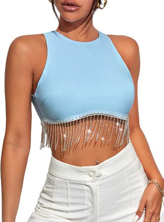 Milumia Women Rhinestone Fringe Zip Back Sleeveless Round Neck Fitted Crop Tank Tops Blue Medium at Amazon Women’s Clothing store