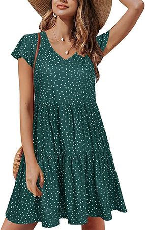 ULTRANICE Women Summer Short Sleeve V Neck Floral Beach Dresses Polka Dot Ruffle Casual Swing Sundress(Blackish Green,L) at Amazon Women’s Clothing store