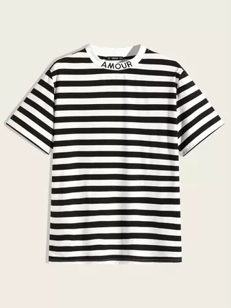 Guys Letter Embroidery Neck Striped Top | ROMWE