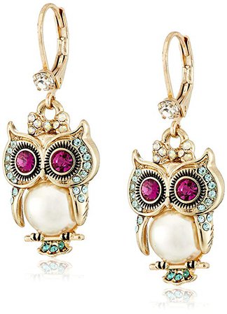 Betsey Johnson "Pearl Critters" Owl Drop Earrings: Clothing