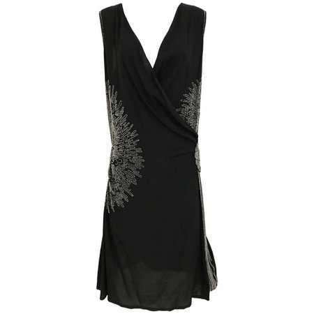 1920s Black Silk Beaded Flapper Dress Large size For Sale at 1stdibs