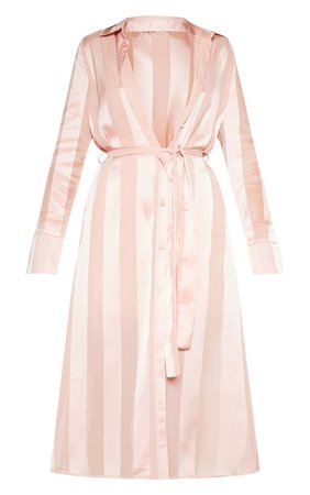 Champagne Satin Stripe Midi Shirt Dress | PrettyLittleThing