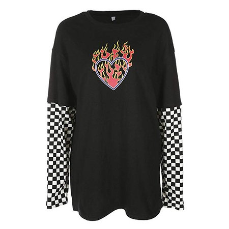 malianna Women Black and White Plaid Checkerboard Long Sleeve Flaming Heart Print T-Shirt (S) at Amazon Women’s Clothing store: