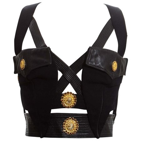 Gianni Versace black and gold leather bondage Medusa vest, fw 1992 For Sale at 1stDibs