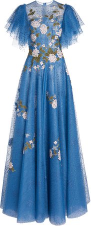 Costarellos Harla Floral-Appliqued Dotted-Tulle Gown