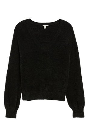 Halogen® Fuzzy V-Neck Sweater (Regular, Petite & Plus Size) black