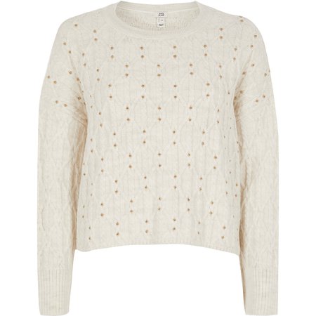 Cream studded cable knit jumper | River Island
