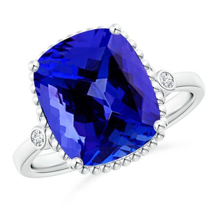 Cushion Tanzanite Beaded Halo Ring with Diamond Accents