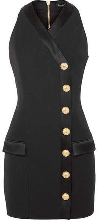 Button-detailed Satin-trimmed Grain De Poudre Wool Mini Dress - Black