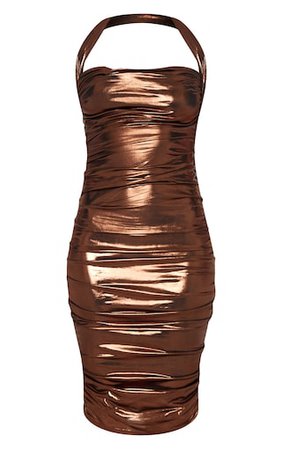 Copper Metallic Ruched Halterneck Bodycon Dress | PrettyLittleThing