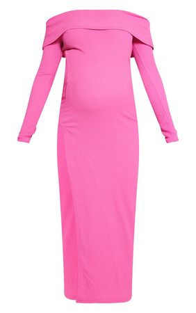 Maternity Hot Pink Crinckle Bardot Split Dress | PrettyLittleThing USA