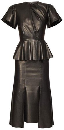 Bell Sleeve Peplum Leather Midi Dress - Womens - Black