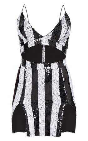Monochrome Stripe Sequin Strappy Plunge Extreme Split Bodycon Dress | PrettyLittleThing USA