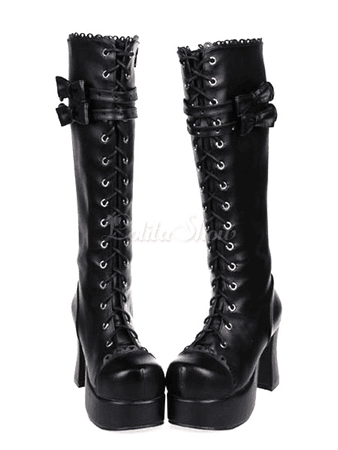 Lolitashow Gothic Black Lolita Chunky Heels Boots Platform Shoelace Bows - Lolitashow.com