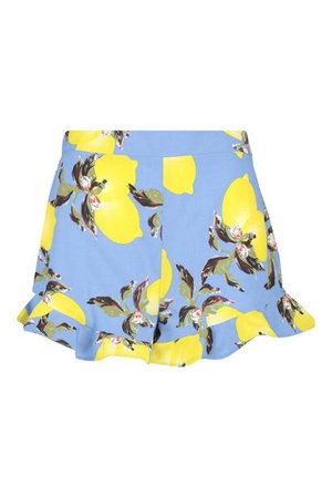 Lemon Print Ruffle Hem Flippy Shorts | Boohoo Blue