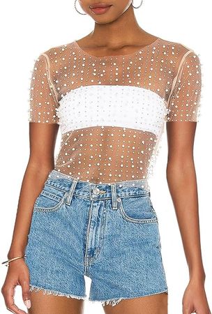 Amazon.com: Fuimsul Women Sexy Mesh Sheer Pearl Rhinestone Crop Tee Shirt Summer Short Sleeve Round Neck Slim Fitted Solid Crop Top : Clothing, Shoes & Jewelry