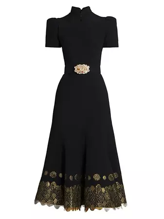 Shop ANDREW GN Embroidered Belted Midi-Dress | Saks Fifth Avenue