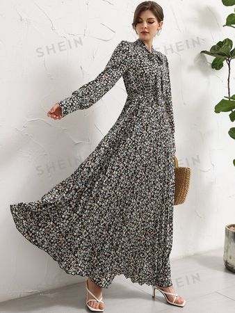 SHEIN Mulvari Ditsy Floral Tie Neck Pleated Shirt Dress | SHEIN