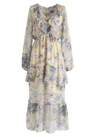 V-Neck Ruffle Floral Midi Dress in Yellow - NEW ARRIVALS - Retro, Indie and Unique Fashion