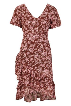 Floral Ruffle Midi Dress | Boohoo burgundy
